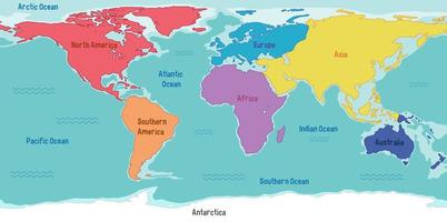 mapa del mundo con nombres de continentes y océanos vector