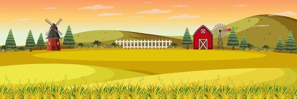 Farm landscape with field and red barn in autumn season vector