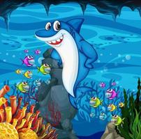 Many sharks cartoon character in the underwater background vector