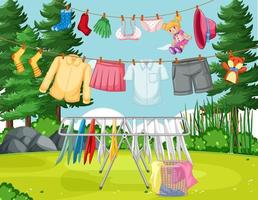 Clothes hanging on line in the yard vector