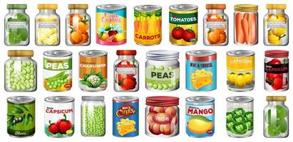 Conjunto de diferentes alimentos enlatados y alimentos en frascos aislados vector