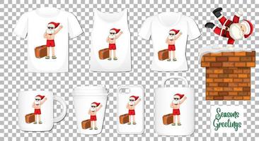 Santa Claus dancing cartoon character with set of different clothes and accessories products on transparent background vector