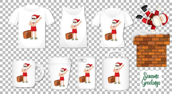 Santa Claus dancing cartoon character with set of different clothes and accessories products on transparent background