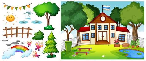 School scene with isolated cartoon character and objects vector