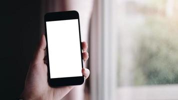 Primer plano de la mano de una mujer con un teléfono inteligente con pantalla en blanco en casa