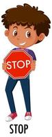 Boy holding traffic sign isolated on white background vector