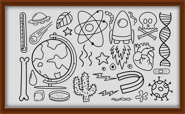 Different doodle strokes about science equipment in wooden frame