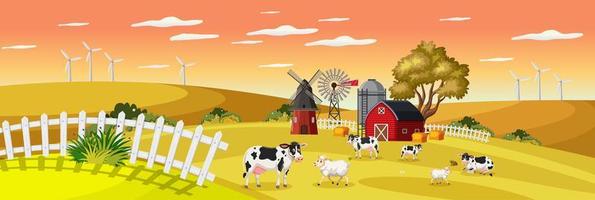 Paisaje agrícola con granja de animales en el campo y granero rojo en la temporada de otoño vector
