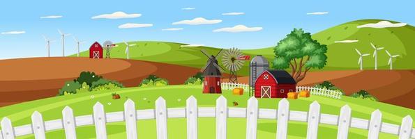 Farm landscape with red barn and close up fence in summer season vector