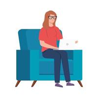 Woman on the couch working from home vector