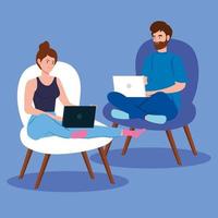 Couple sitting on chairs and working with laptops vector