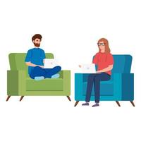 Couple sitting on chairs and working with laptops vector