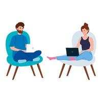 pareja sentada en sillas y trabajando con computadoras portátiles vector