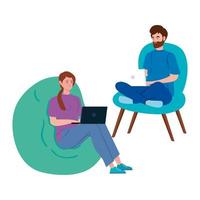 Couple sitting on chairs and working with laptops vector