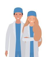 médico hombre y mujer con uniformes y sombreros vector