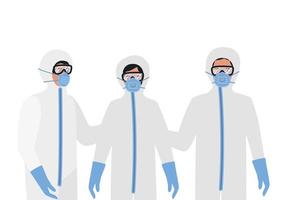 Doctors with protective suits glasses and masks vector