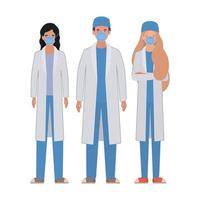 Man and women doctors with uniforms and masks vector