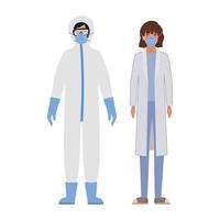 Doctors with protective suits glasses and masks against Covid 19 vector