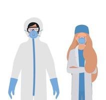 Doctors with protective suits glasses and masks vector