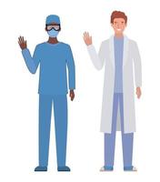 médicos hombres con uniformes y máscaras vector