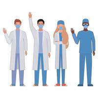 Men and woman doctor with uniforms and masks vector