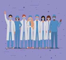 Men and women doctors with uniforms masks and glasses vector