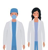 médico hombre y mujer con uniformes y máscara vector
