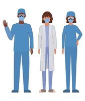 Man and women doctors with uniforms and masks vector