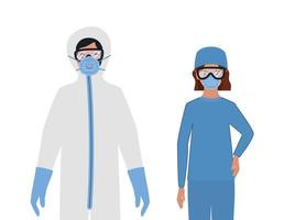 Doctors with protective suits glasses and masks against Covid 19 vector