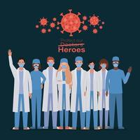 Women and men doctors heroes with uniforms and masks vector