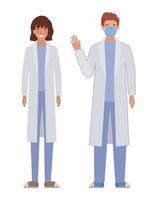 Man and woman doctor with uniforms and mask vector