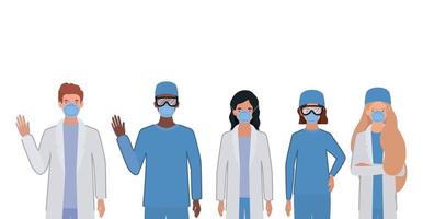 médicos hombres y mujeres con uniformes y máscaras vector