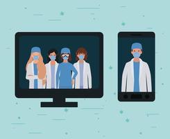 Doctors with uniforms masks and glasses inside computer vector