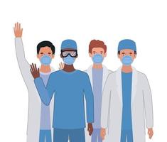 médicos hombres con uniformes y máscaras de diseño. vector