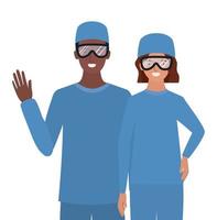 médico hombre y mujer con uniformes y gafas vector