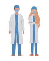médico hombre y mujer con uniformes y máscaras vector