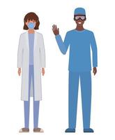 médico hombre y mujer con uniformes máscara y gafas vector