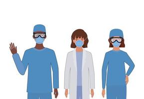 médicos hombres y mujeres con uniformes y máscaras vector
