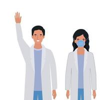 Man and woman doctor with uniforms and mask vector