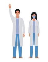 Man and woman doctor with uniforms and mask vector