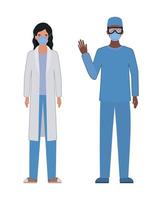 médico hombre y mujer con uniformes y máscaras vector