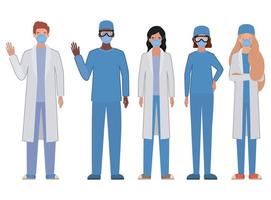 Men and women doctors with uniforms and masks vector