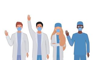 Men and woman doctor with uniforms and masks vector