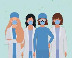 Doctoras con uniformes, máscaras y gafas. vector