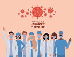 Women and men doctors heroes with uniforms and masks vector