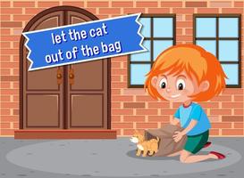 English idiom let the cat out of the bag vector