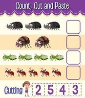 Count, Cut and Paste maths worksheet for children vector