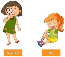 Opposite verb words with stand and sit vector