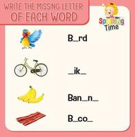 Write the missing letter of each word worksheet for children vector