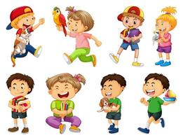 Conjunto de niños diferentes jugando con sus mascotas. vector